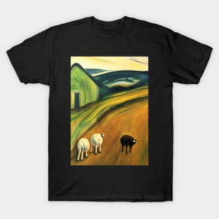 Colourful oil painting of a farm with sheep T-Shirt